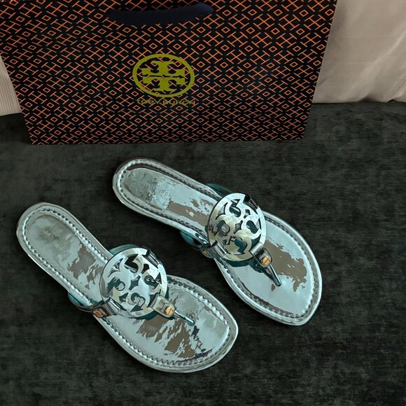 Tory Burch Miller Mirrored Metallic Teal Sandal - Picture 3 of 14